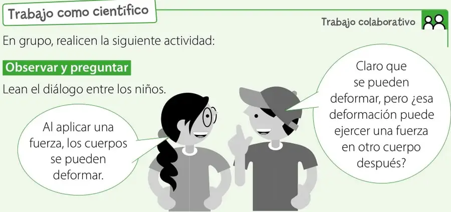 Dos niños conversando con globos de diálogo: la niña afirma que al aplicar una fuerza los cuerpos se deforman y el niño pregunta si esa deformación puede luego ejercer fuerza en otro cuerpo.