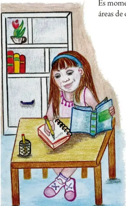 Ilustración de una niña sentada en un pupitre leyendo un libro y escribiendo en un cuaderno, con un librero detrás y un bote de lápices sobre la mesa. Crédito: Elizabeth Sulis Belderes, TLAXCALA.