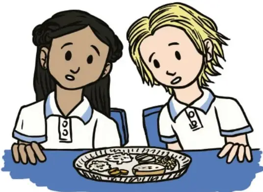 Dos estudiantes observando un plato con las muestras de alimentos.