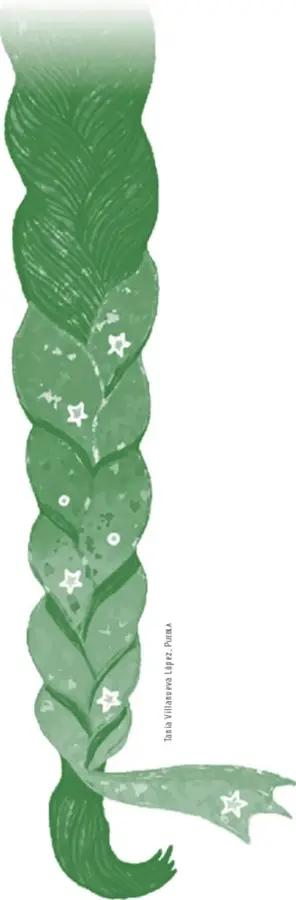 Ilustración decorativa de una trenza verde con hojas y estrellas blancas, acompañada del crédito 'Tanía Villanueva López, Puma'.