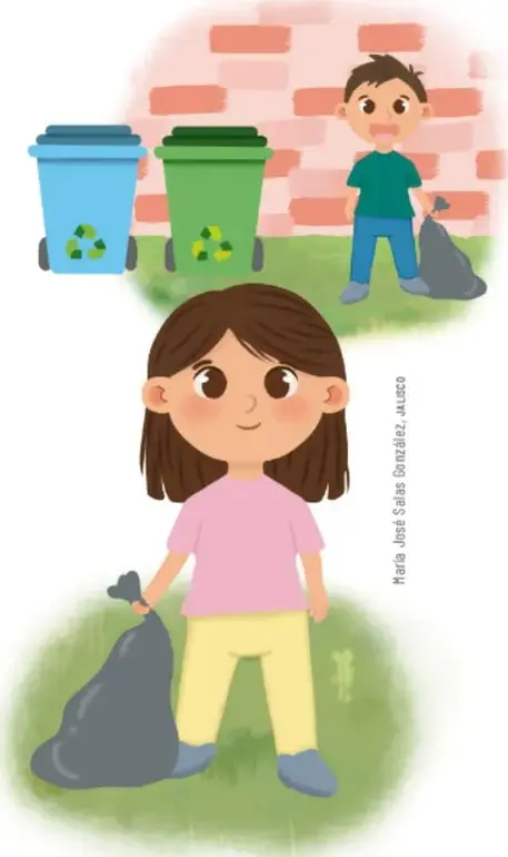 Ilustración de un niño y una niña con bolsas de basura frente a tres botes de reciclaje (azul, verde y gris) junto a un muro de ladrillos, como ejemplo de acciones para cuidar el ambiente.
