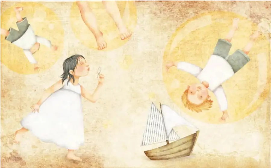 Una niña de vestido blanco sopla burbujas de jabón; dentro de las burbujas se ven niños invertidos, un barco de vela y piernas, sobre fondo ocre texturizado.