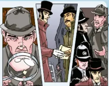 Ilustración de Sherlock Holmes con lupa, sombrero y escenas de detectives.