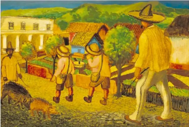 Pintura de Ramón Cano Manilla: un padre con sombrero de palma camina con dos hijos hacia un pueblo; al fondo hay casas, árboles y un cerro.