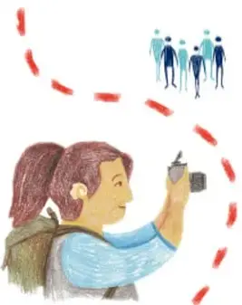 Ilustración de Digna, una periodista con mochila y cámara, observando a un grupo de personas y un camión que se aleja.