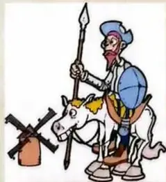 Ilustración colorida de un caballero sobre un caballo, relacionada con una adaptación infantil de un clásico literario.
