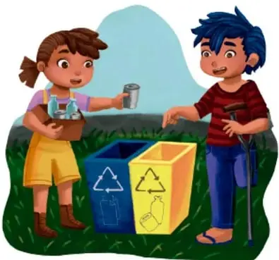 Ilustración de dos niños separando latas y botellas en contenedores de reciclaje (azul y amarillo), ilustración de Diana Ivette Gutiérrez Cisneros, Guanajuato.