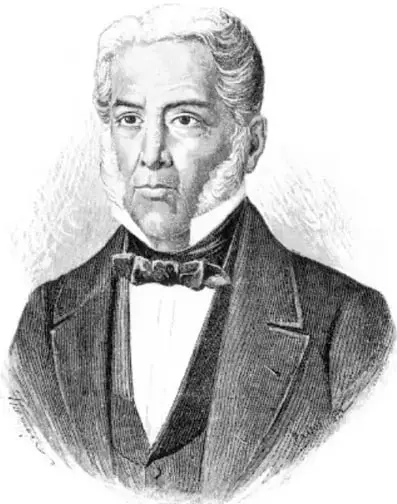 Retrato en blanco y negro de un hombre de mediana edad, con cabello blanco, patillas, vestido de traje oscuro y corbatín, identificado como Ignacio Comonfort.