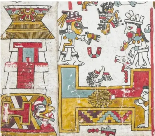 Ilustración estilo códice con colores rojo, amarillo y azul: jugadores de pelota con atuendos ornamentados frente a un edificio escalonado tipo templo.