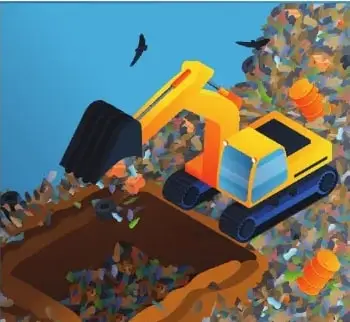 Ilustración de una máquina excavadora que extiende y compacta desechos sólidos en un relleno sanitario.