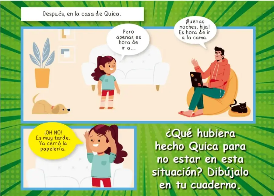Historieta: Quica conversa con su papá en la sala; él le dice que es hora de ir a la cama. Hay una planta, un sillón, un perro y un gato.