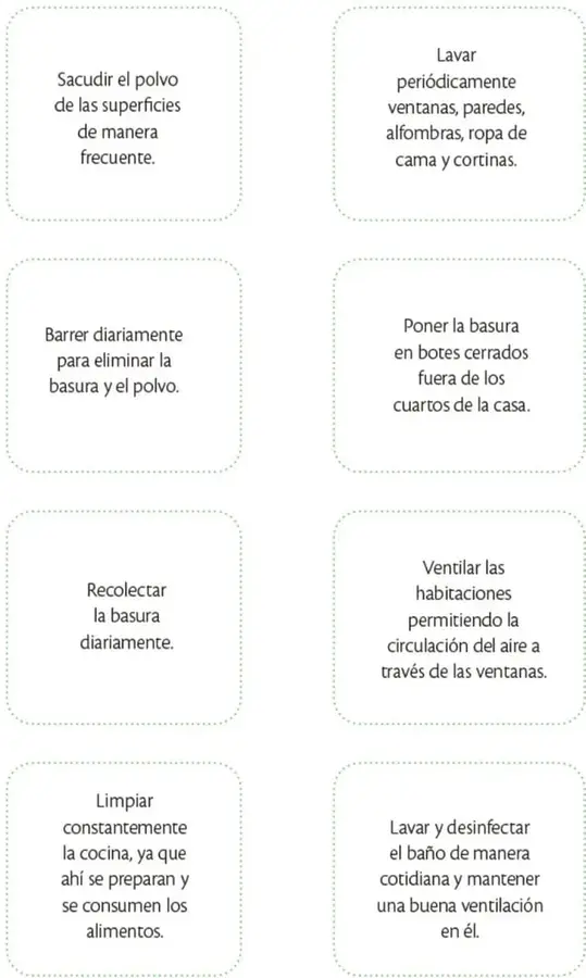 Ocho tarjetas con esquinas redondeadas y borde punteado verde, distribuidas en dos columnas y cuatro filas, cada una con una acción de higiene del hogar.