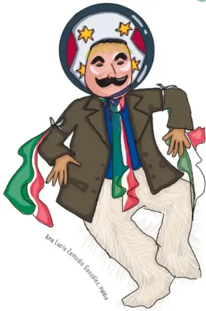 Ilustración de un huehue con máscara de bigote, chaqueta marrón y pantalón de piel blanca, cargando listones con los colores de la bandera mexicana; firma de Ana Lucia Zamudio González, Puebla.