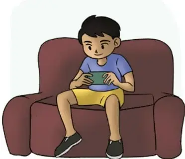 Ilustración de Santiago sentado en un sillón usando un celular, con expresión concentrada.