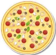 Plato desechable pintado como pizza con pepperoni, aceitunas y pimientos.