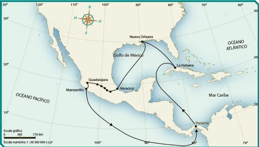 Mapa titulado 'Ruta de Benito Juárez durante la Guerra de Reforma [1858-1861]'. Muestra el Golfo de México, el Mar Caribe, el Océano Atlántico y el Océano Pacífico. Se traza una ruta con flechas que parte de Guadalajara, pasa por Manzanillo y Veracruz; luego por mar hacia La Habana, Panamá, Nueva Orleans y de regreso a Veracruz. Incluye escala gráfica y numérica.