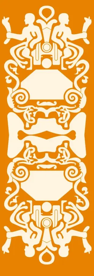 Ilustración ornamental estilizada en tonos crema sobre fondo naranja, con figuras humanas simétricas en la parte superior e inferior que parecen realizar acciones motrices, enmarcando motivos geométricos y espirales, en estilo arte meseoamericano/contemporáneo.