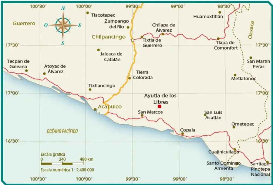 Mapa titulado 'Mapa de Ayutla de los Libres' que muestra la región sur de México, con el estado de Guerrero y parte de Oaxaca. Se señalan localidades como Ayutla de los Libres (marcada con un cuadro rojo), Acapulco, Tixtla de Guerrero, Chilpancingo, Tlapa de Comonfort, entre otras. Incluye rosa de los vientos, escala gráfica de 0 a 480 km y escala numérica 1:2 400 000.