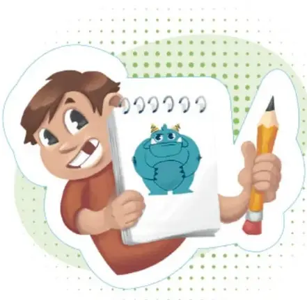 Niño dibujando el boceto del monstruo en su cuaderno con un lápiz.