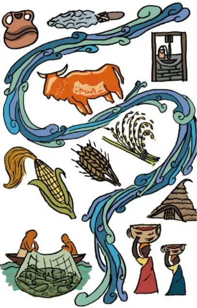 Ilustración de Julio César Banda Tecalco (Veracruz) que recorre en espiral la historia de la humanidad: cerámica, herramientas líticas, un horno, un bovino, pesca en red, maíz y trigo, una choza y mujeres cargando agua, simbolizando el devenir de la humanidad.