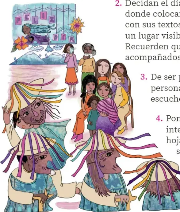 Ilustración de una comunidad reunida frente a un cartel que dice FELIZ DÍA, con personajes con sombreros de listones. Crédito: Tania Villanueva López, PUEBLA
