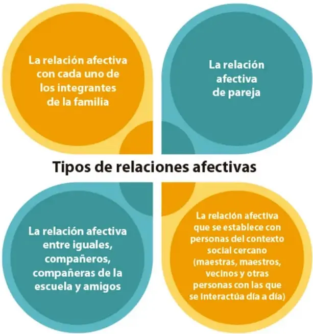 Organizador gráfico 'Tipos de relaciones afectivas' con cuatro círculos: naranja con la relación afectiva con los integrantes de la familia, turquesa con la relación de pareja, azul con la relación entre iguales, compañeros de la escuela y amigos, y naranja con la relación con personas del contexto social cercano (maestros, vecinos).