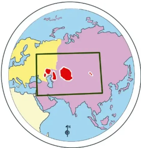 Mapa circular del mundo con un recuadro sobre Asia central; zonas rojas señalan dónde vive la saiga.