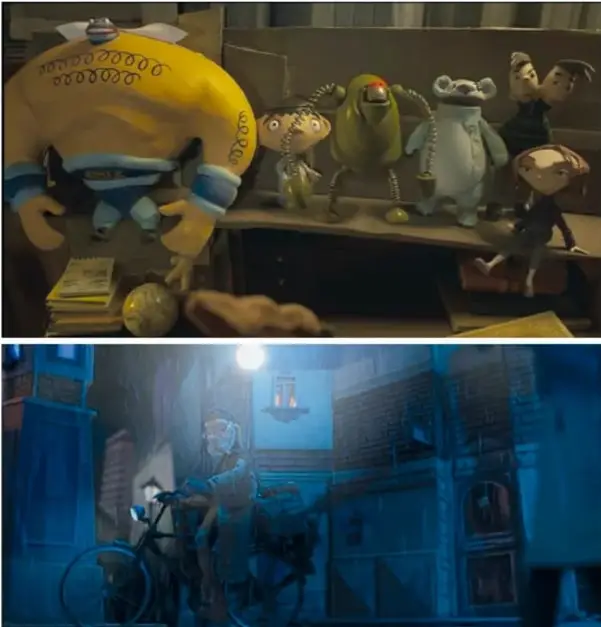 Fotograma del cortometraje: un titiritero con varias marionetas de distintos colores y formas.