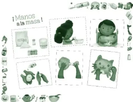 Miniatura de la ficha '¡Manos a la masa!' (pp. 26-27): secuencias de fotografías de niñas y niños amasando, extendiendo y modelando figuras con masa, entre ellas un gato, rodeadas de pequeños objetos de cocina.