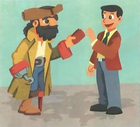 Ilustración de un pirata que entrega un objeto a un hombre vestido formalmente.
