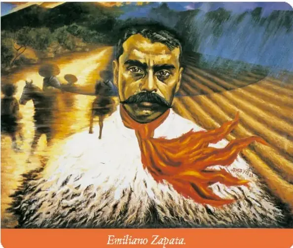 Pintura de Emiliano Zapata con sombrero, bigote y un paliacate rojo al cuello, sobre un fondo de campo y jinetes.
