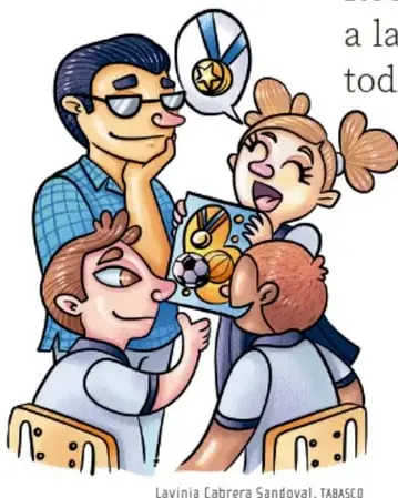 Ilustración de un maestro con lentes y cuatro estudiantes reunidos alrededor de una mesa viendo un cartel con deportes (fútbol, baloncesto) y una medalla; crédito: Lavinia Cabrera Sandoval, TABASCO.