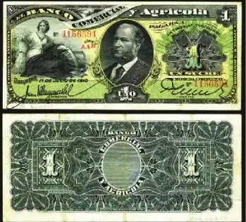 Billete de un sucre con la imagen de José María Plácido Caamaño, emitido por el Banco Comercial y Agrícola en 1910.