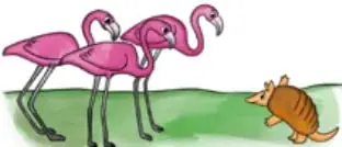 Ilustración de tres flamencos rosados junto a un pequeño animal.
