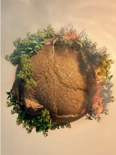 Ilustración de una esfera terrestre formada por tierra y vegetación, rodeada de hojas verdes y flores, que simboliza un planeta vivo y saludable.