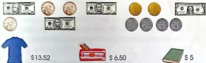 Monedas y billetes didácticos para formar los precios de una camiseta, una cartuchera y un libro.