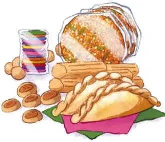 Ilustración de alimentos tradicionales: pan, galletas, dulces y un vaso de bebida, con crédito a Karla Esmeralda Mata Medina, Tamaulipas.