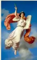 Pintura de una mujer con alas (alegoría de la libertad) sosteniendo una bandera.