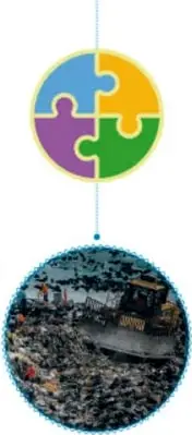Fotografía circular de un tiradero de basura con maquinaria, que representa una problemática social.