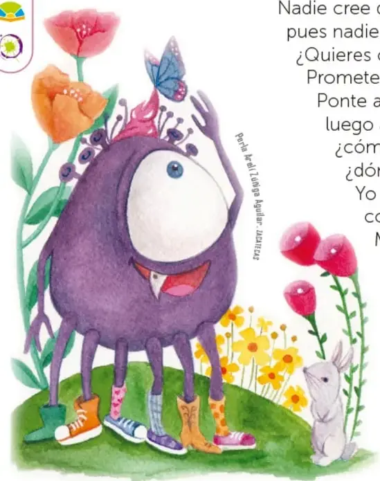 Ilustración de un marciano morado de un solo ojo, con varios pares de piernas con tenis de colores, flores, un conejo y una mariposa; al fondo derecha un planeta rojo con naves espaciales, estrellas y lunas dibujadas en blanco.