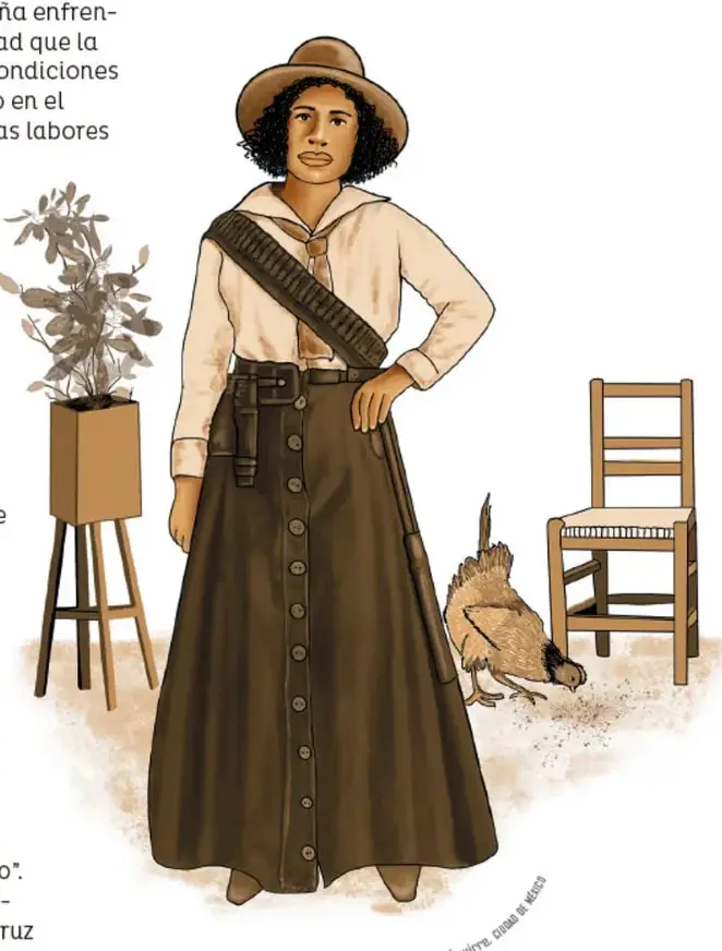 Ilustración de La Negra Mora con sombrero, blusa clara, falda larga con botones y canana cruzada; a su lado una maceta con planta, una silla de madera y una gallina.
