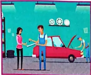 Ilustración de personas reparando un automóvil en una mecánica.