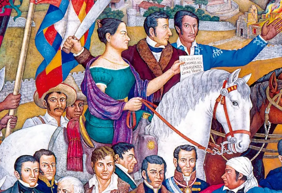 Detalle del mural Retablo de la Independencia de Juan O'Gorman (1960-1961) con Leona Vicario portando una bandera y un escrito, Andrés Quintana Roo, un caballo blanco y múltiples figuras insurgentes.