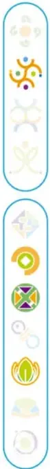 Franja vertical con iconos circulares de símbolos comunitarios y escolares.