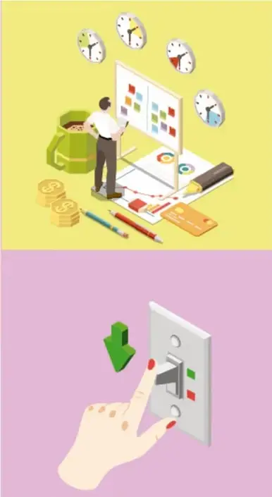 Ilustración de una persona frente a un tablero con relojes, materiales, monedas y útiles escolares, simbolizando la planeación y medición del uso de recursos.
