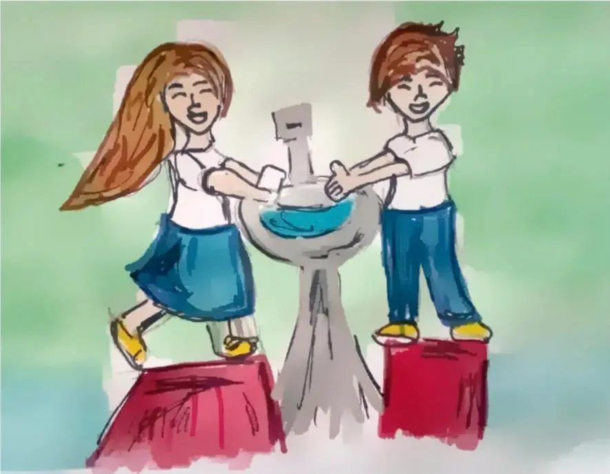 Ilustración de un niño y una niña lavándose las manos en un bebedero escolar, ambos sonrientes y de pie sobre bancos rojos.
