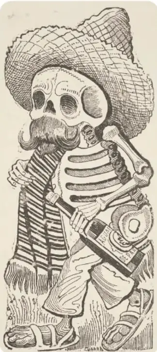 Grabado de una calavera con sombrero grande de charrería, sarape a rayas y botella en la mano, al estilo de Posada.