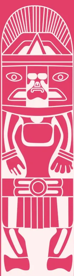 Ilustración estilizada en rosa y blanco de una figura prehispánica o revolucionaria, con tocado, rostro y cuerpo geométrico.