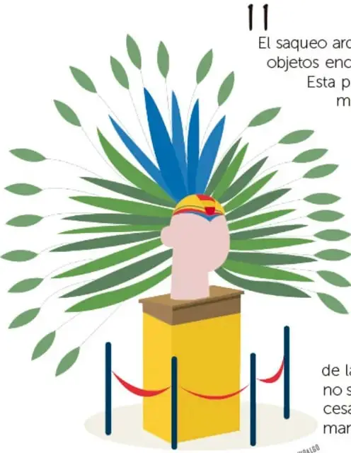 Ilustración de un tocado prehispánico con plumas verdes y azules sobre un pedestal amarillo, protegido por una cuerda roja entre postes, como símbolo de patrimonio resguardado.