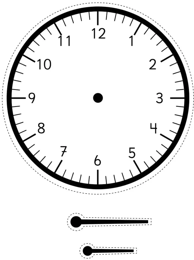 Carátula de reloj análogo con números del 1 al 12 y marcas de minutos, rodeada por una línea punteada para recortar.